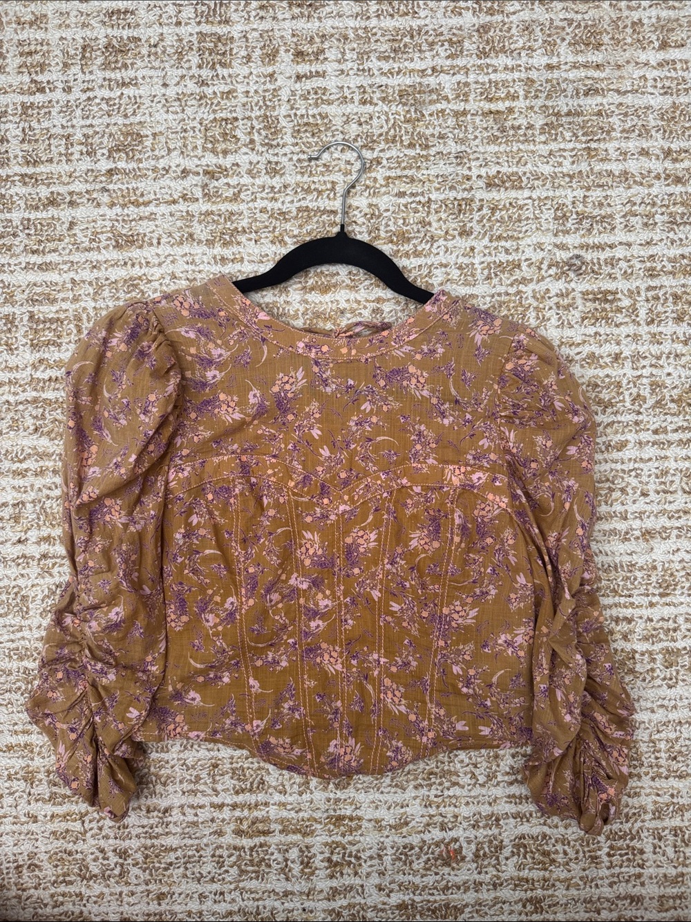 Free People Mustard Floral Puff-Sleeve Blouse